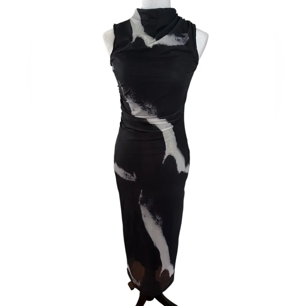 Black White SMALL Summer Tie-Dye Printed Mesh Sleeveless Dress - Picture 5 of 10